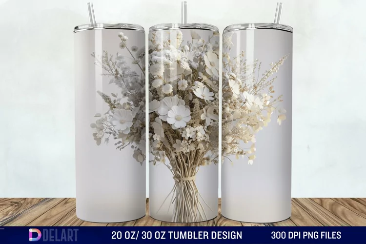 3D White Wild Flowers Bouquet Tumbler Wrap