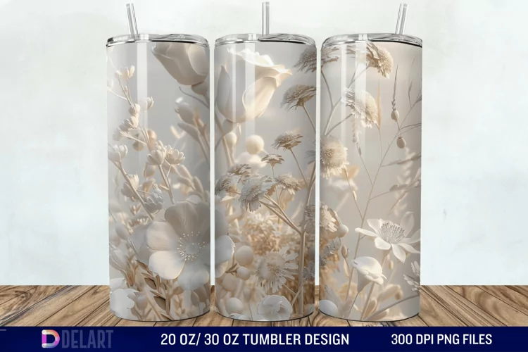 3D White Wild Flowers Bouquet Tumbler Wrap