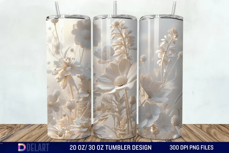 3D White Wild Flowers Bouquet Tumbler Wrap
