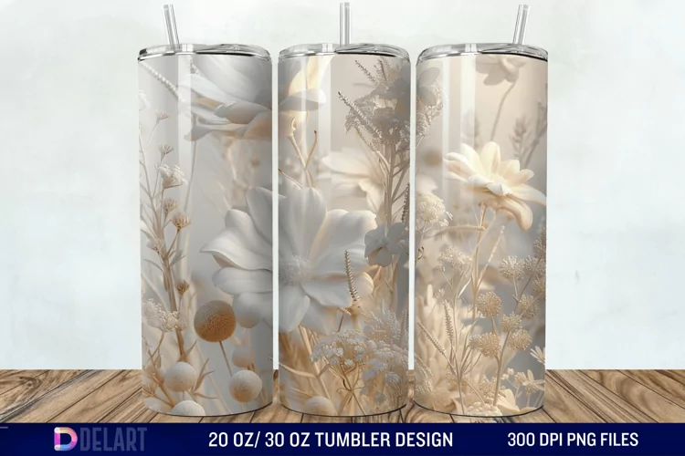 3D White Wild Flowers Bouquet Tumbler Wrap