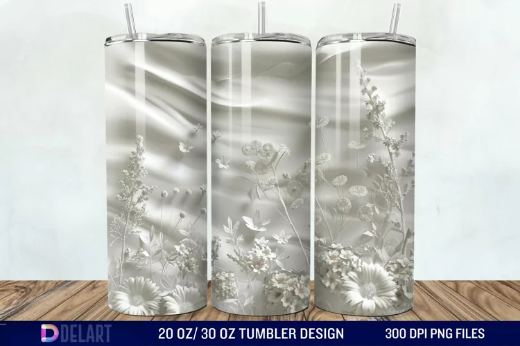 3D White Wild Flowers Bouquet Tumbler Wrap