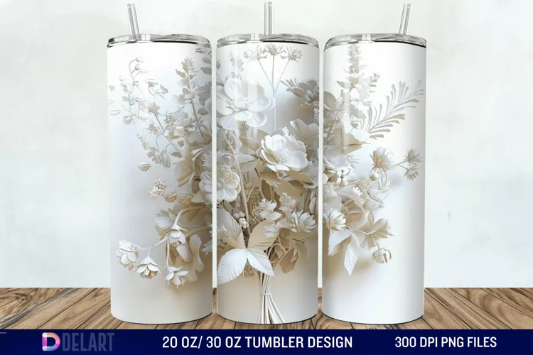 3D White Wild Flowers Bouquet Tumbler Wrap