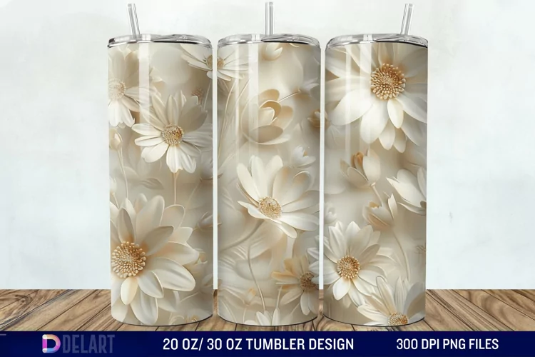 3D White Wild Flowers Bouquet Tumbler Wrap