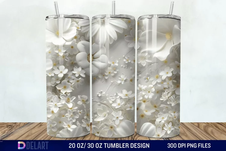 3D White Wild Flowers Bouquet Tumbler Wrap