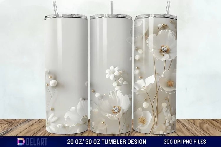 3D White Wild Flowers Bouquet Tumbler Wrap