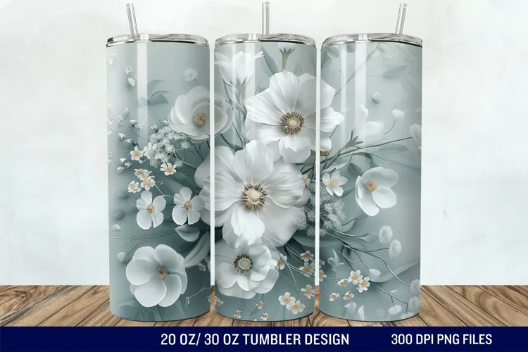3D White Wild Flowers Bouquet Tumbler Wrap