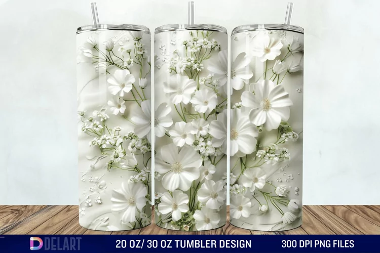 3D White Wild Flowers Bouquet Tumbler Wrap