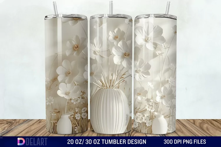 3D White Wild Flowers Bouquet Tumbler Wrap