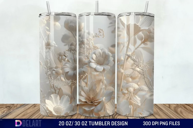 3D White Wild Flowers Bouquet Tumbler Wrap
