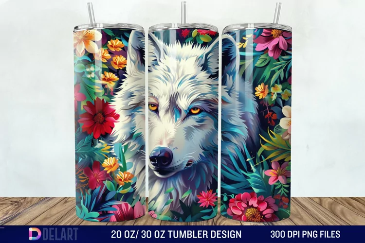 3D White Wolf Flowers Tumbler Wrap
