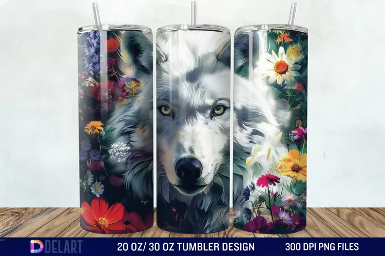 3D White Wolf Flowers Tumbler Wrap