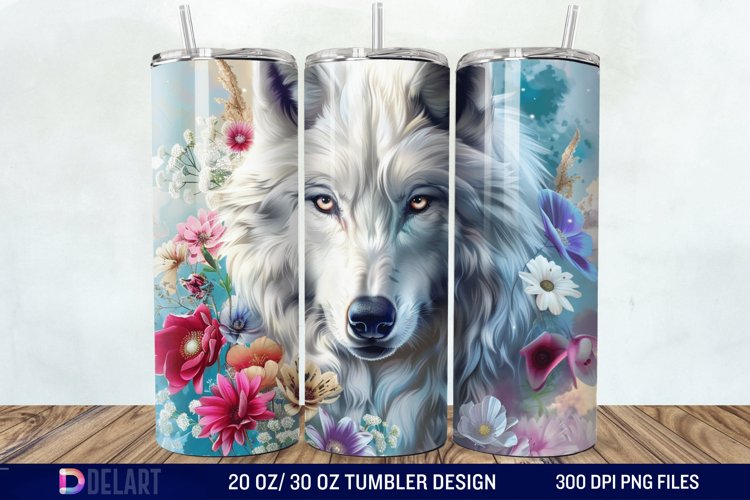 3D White Wolf Flowers Tumbler Wrap example image 1