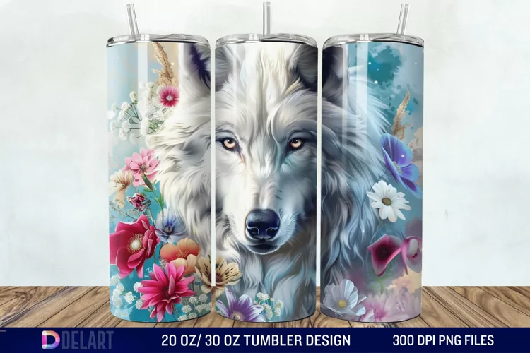 3D White Wolf Flowers Tumbler Wrap