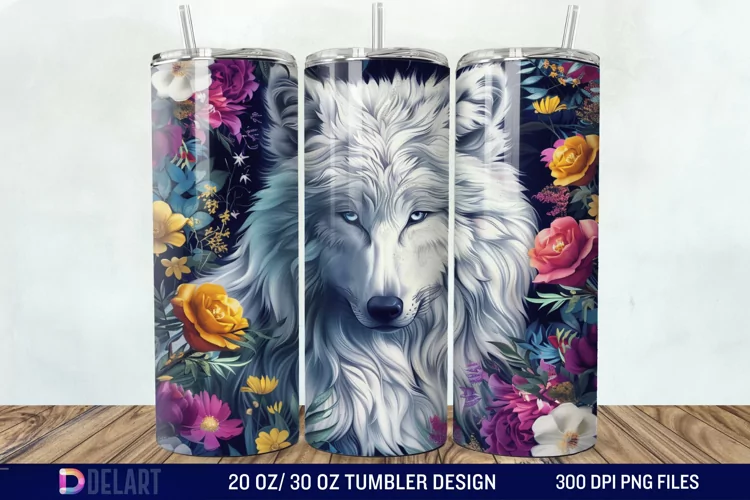 3D White Wolf Flowers Tumbler Wrap