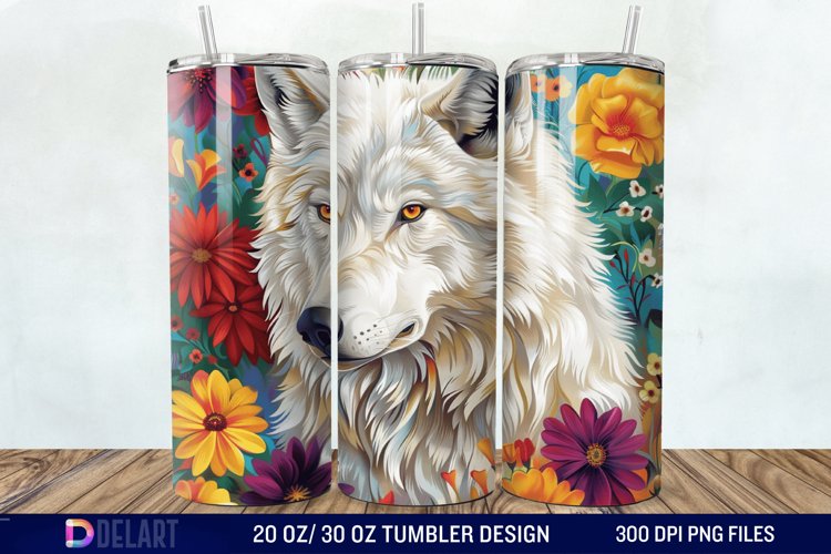 3D White Wolf Flowers Tumbler Wrap example image 1