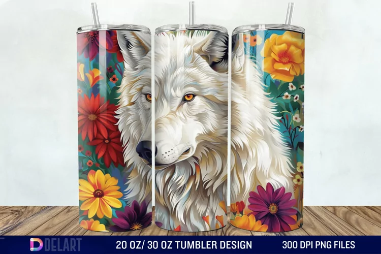 3D White Wolf Flowers Tumbler Wrap