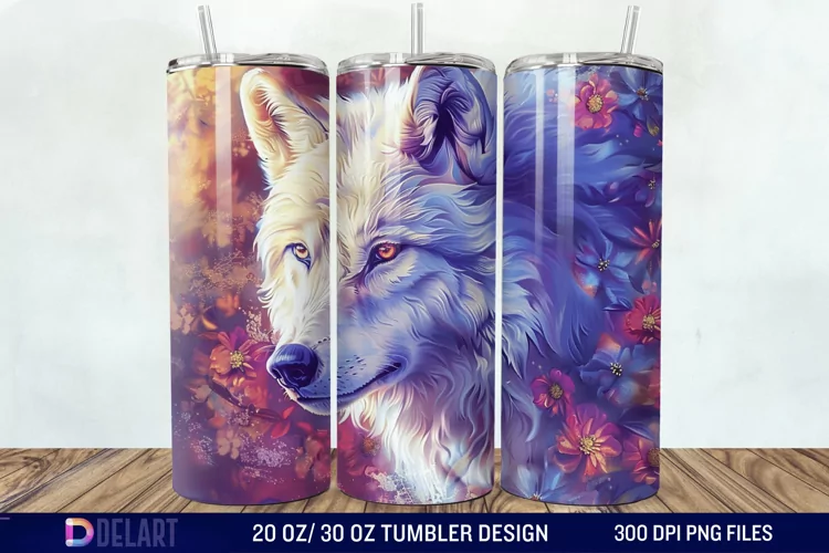 3D White Wolf Flowers Tumbler Wrap