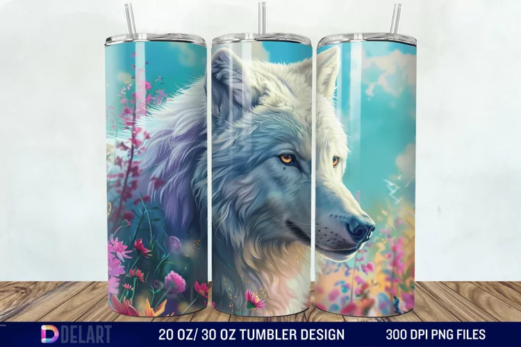 3D White Wolf Flowers Tumbler Wrap