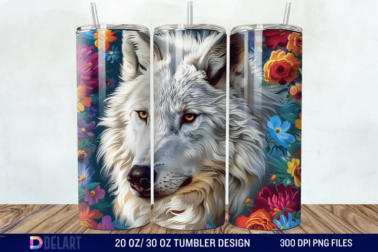 3D White Wolf Flowers Tumbler Wrap example image 1