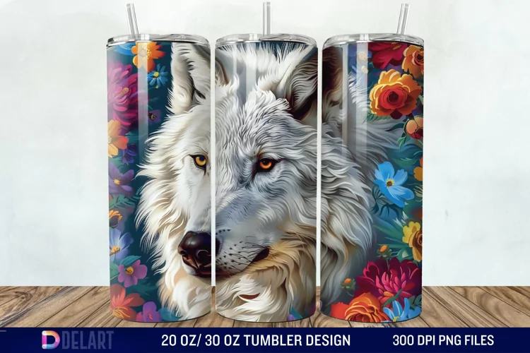 3D White Wolf Flowers Tumbler Wrap