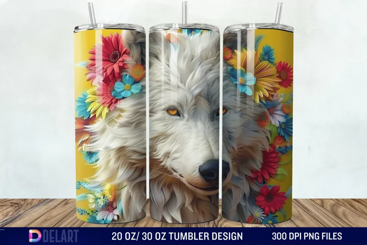 3D White Wolf Flowers Tumbler Wrap