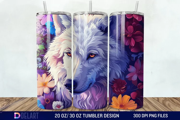 3D White Wolf Flowers Tumbler Wrap