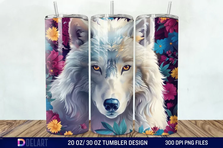 3D White Wolf Flowers Tumbler Wrap