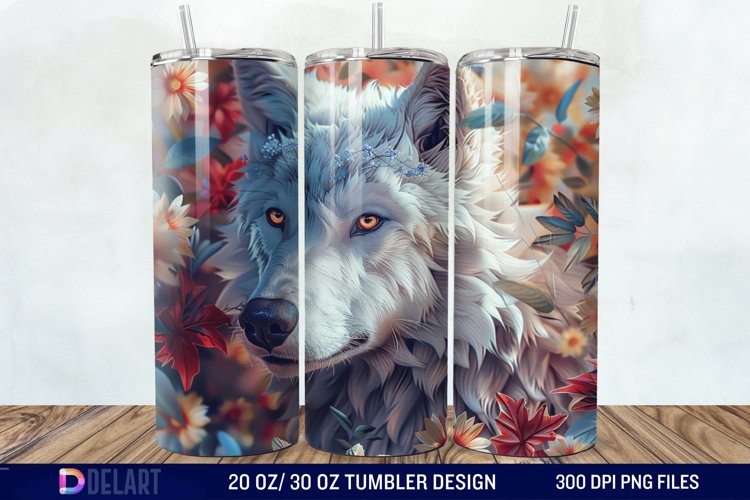 3D White Wolf Flowers Tumbler Wrap example image 1