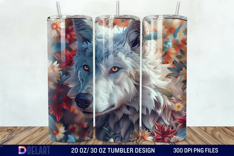 3D White Wolf Flowers Tumbler Wrap