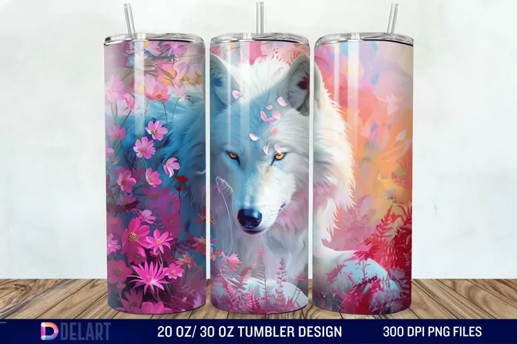 3D White Wolf Flowers Tumbler Wrap