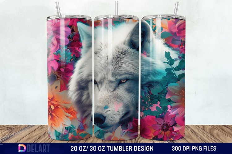 3D White Wolf Flowers Tumbler Wrap example image 1