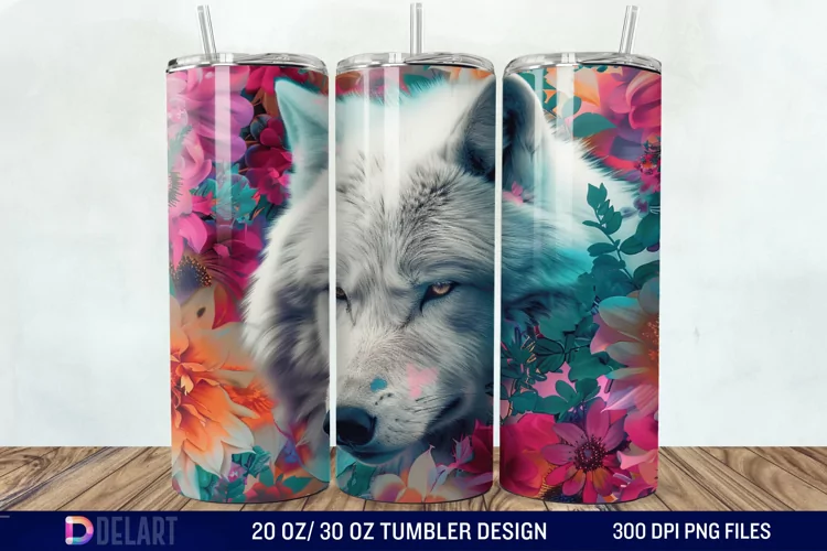 3D White Wolf Flowers Tumbler Wrap