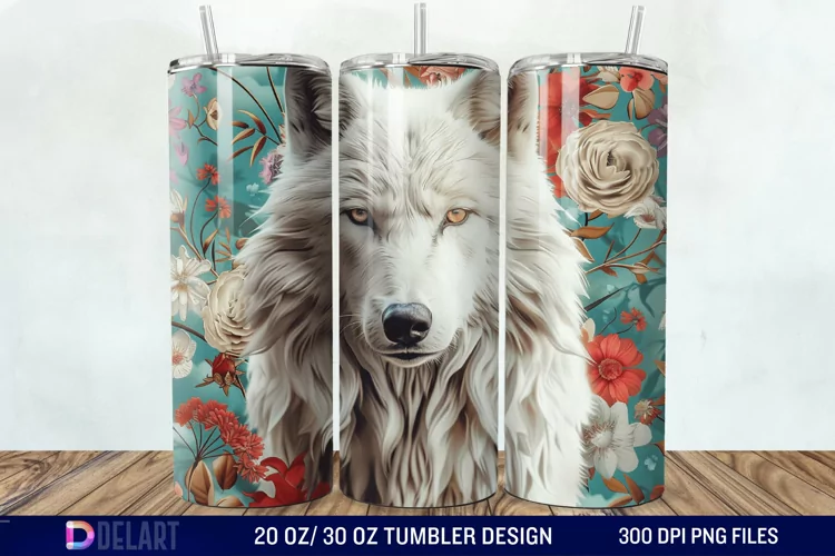 3D White Wolf Flowers Tumbler Wrap