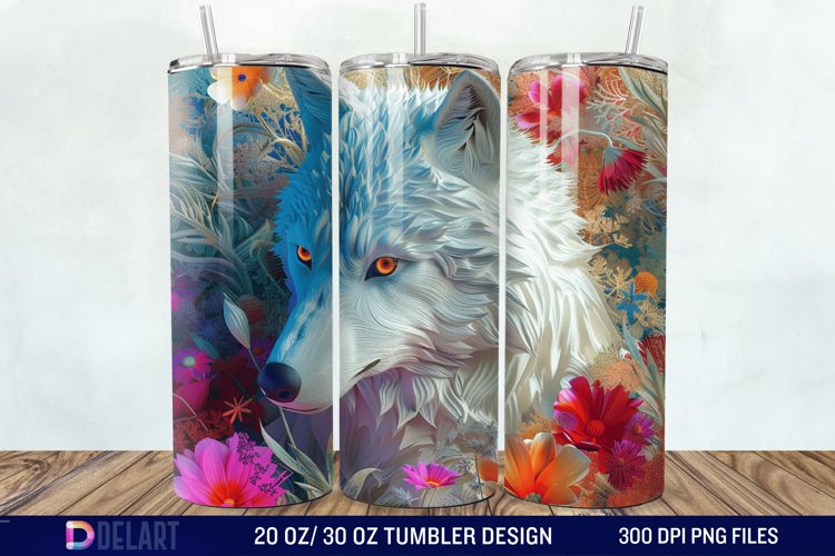 3D White Wolf Flowers Tumbler Wrap