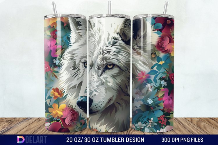 3D White Wolf Flowers Tumbler Wrap example image 1