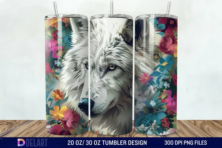 3D White Wolf Flowers Tumbler Wrap