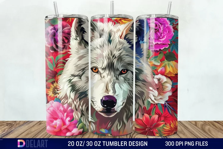 3D White Wolf Flowers Tumbler Wrap