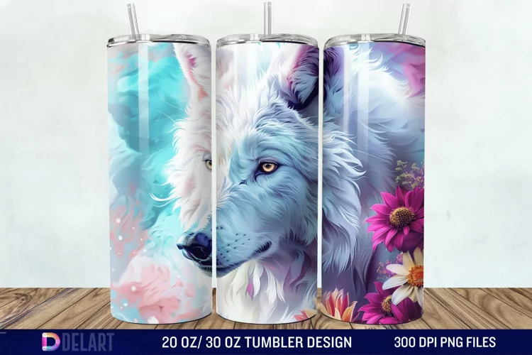 3D White Wolf Flowers Tumbler Wrap