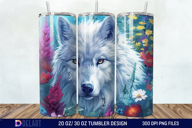 3D White Wolf Flowers Tumbler Wrap example image 1