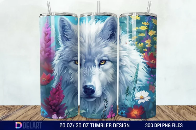 3D White Wolf Flowers Tumbler Wrap