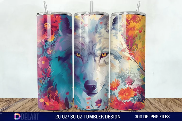3D White Wolf Flowers Tumbler Wrap