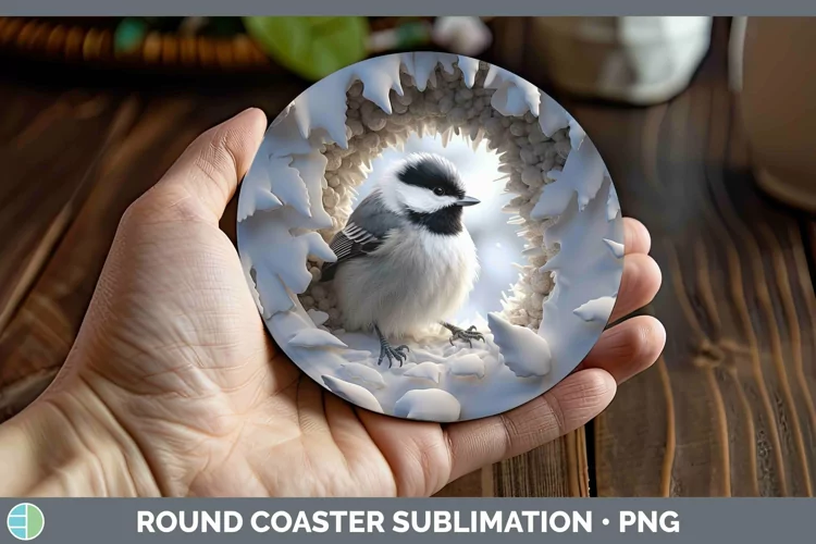 3D Winter Chickadee Round Coaster Sublimation Coaster Design
