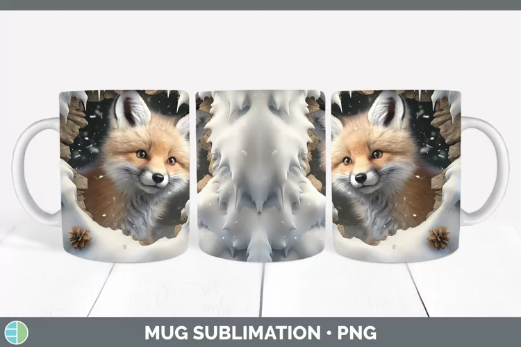 3D Winter Wall Fox Mug Wrap Sublimation Coffee Cup Designs