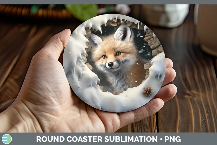 3D Winter Wall Fox Round Coaster Sublimation Coaster Designs