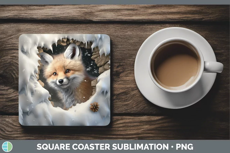 3D Winter Wall Fox Square Coaster Sublimation Coaster Design
