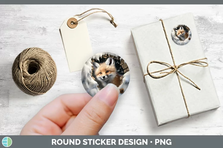 3D Winter Wall Fox Stickers | Round Labels Designs