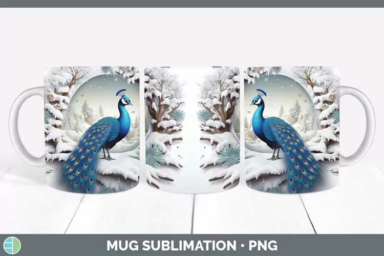 3D Winter Wall Peacock Mug Wrap Sublimation Coffee Cup Desig