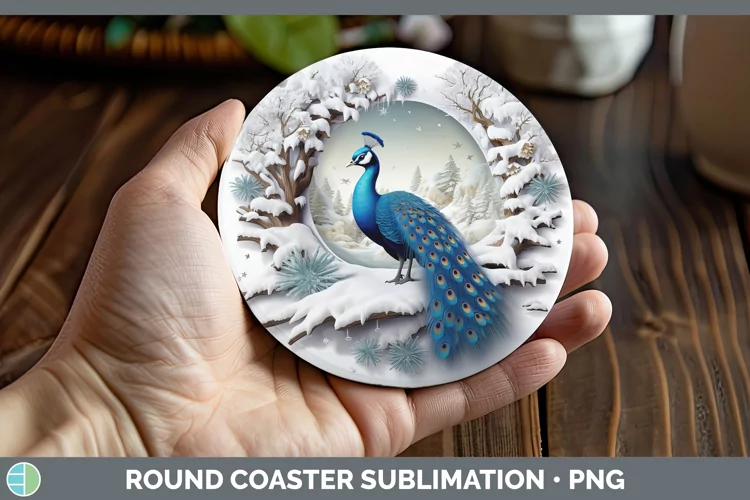 3D Winter Wall Peacock Round Coaster Sublimation Coaster Des