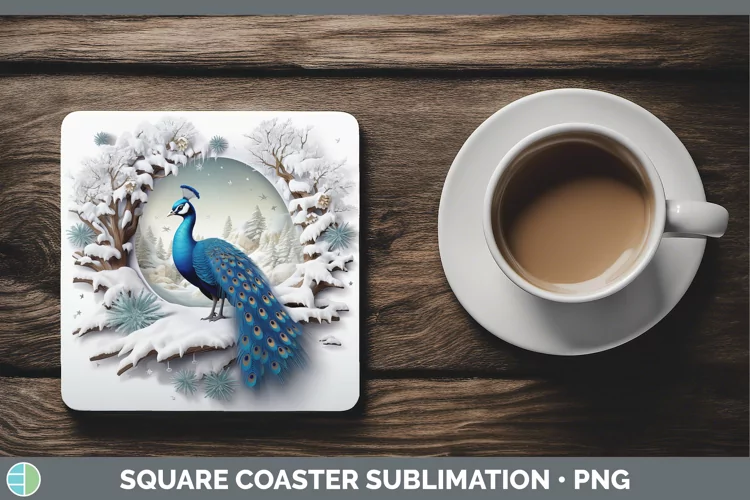 3D Winter Wall Peacock Square Coaster Sublimation Coaster De