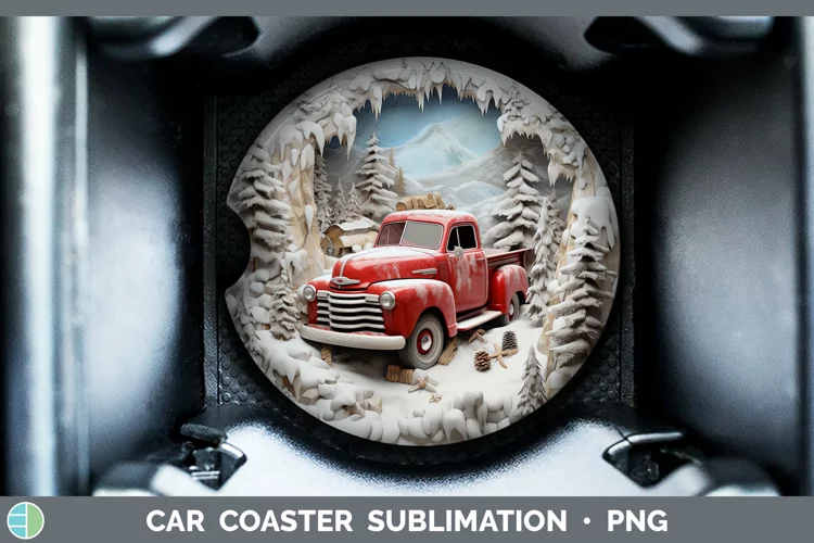 3D Winter Wall Vintage Truck Car Coaster Sublimation Design
